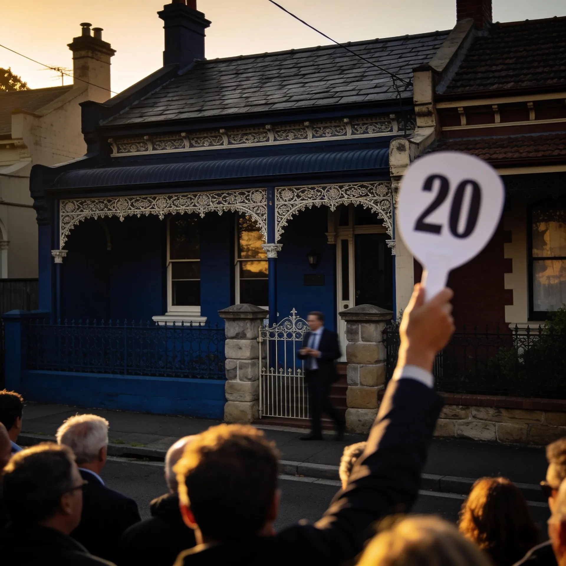 Auction day outside a Victorian terrace in Melbourne, a buyer raising a bidder paddle