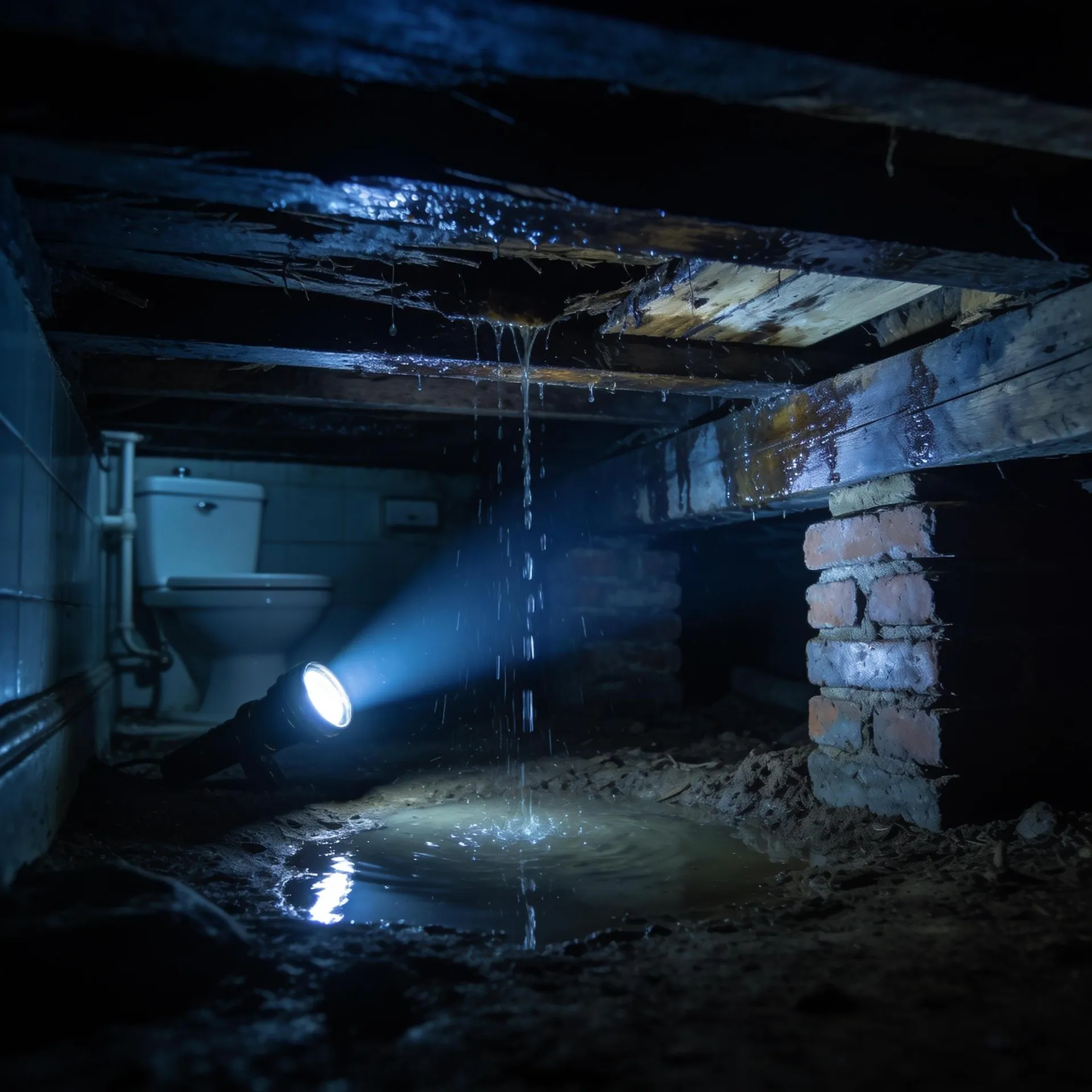 Water dripping from failed bathroom waterproofing into the subfloor