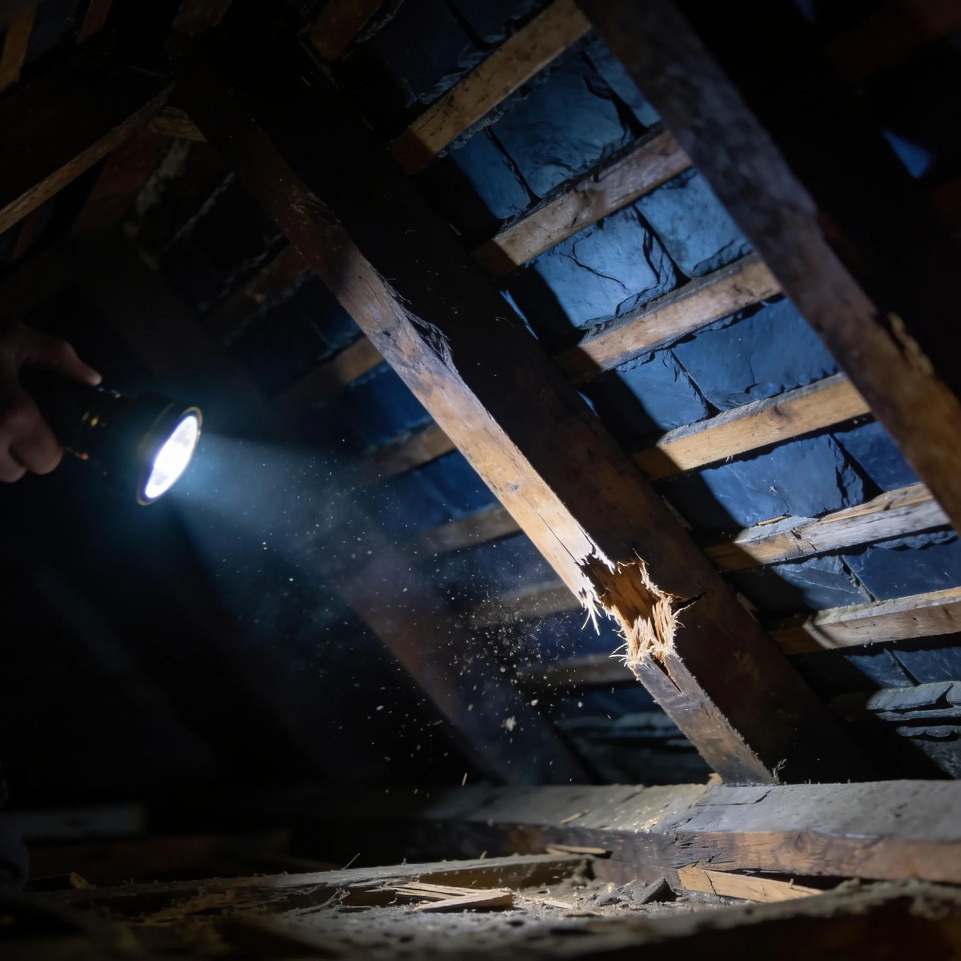 Torch light on a fractured structural roof truss inside the roof void