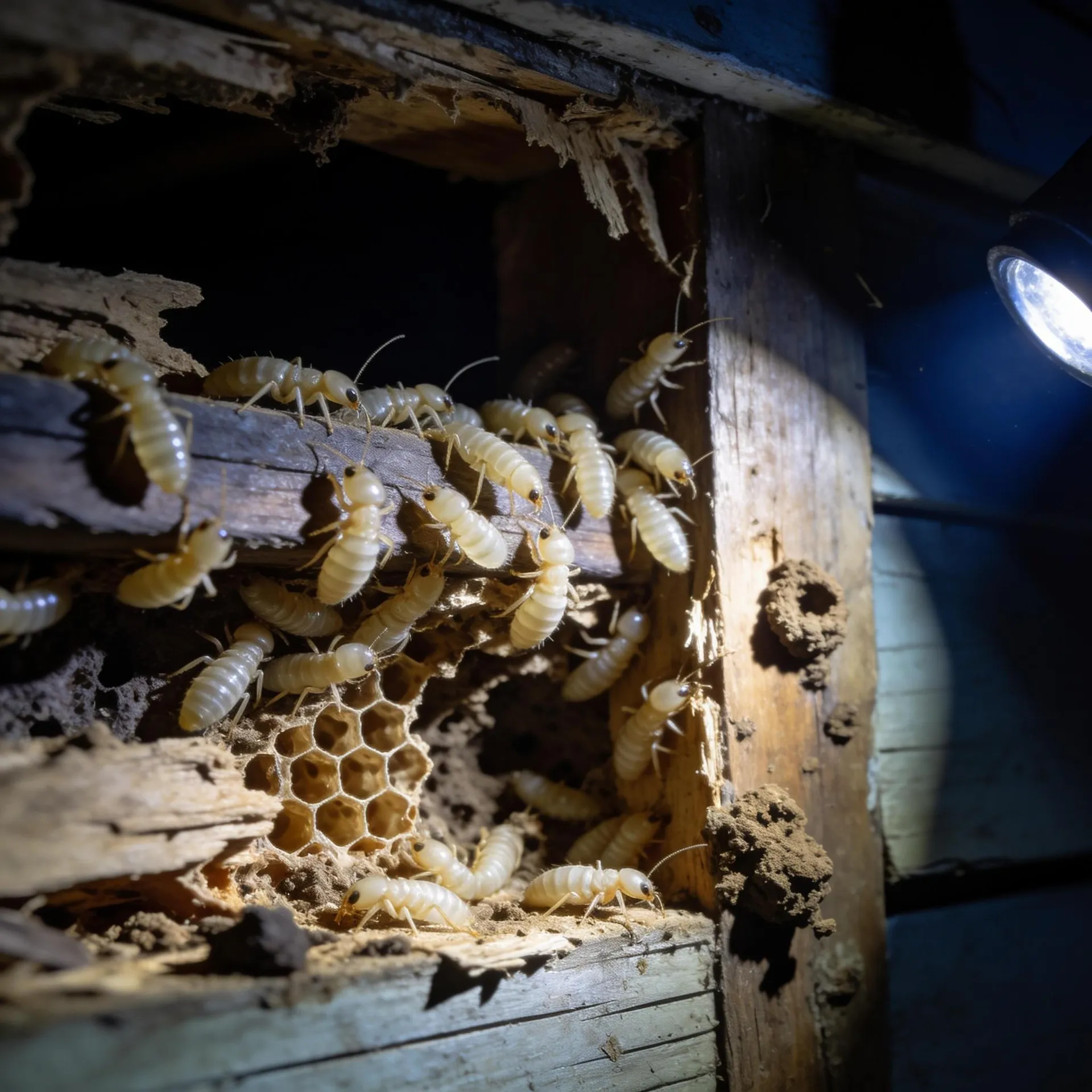 Live termite nest crawling over eaten-out timber wall framing